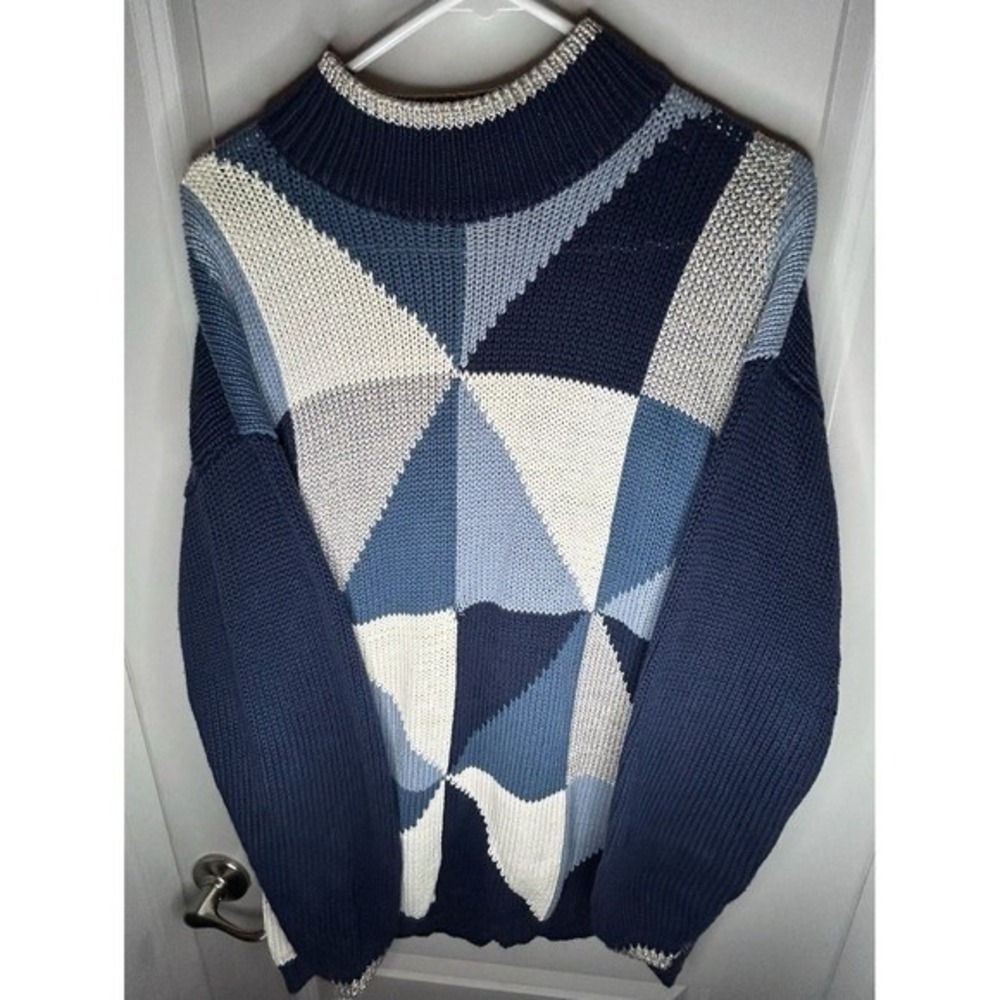 Vintage 90's Knitted Blue Abstract Triangle Art Oversized Crewneck Sweater Small